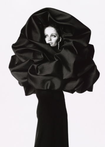 Balenciaga’s black silk gazar evening cape, 1967. Photo by Irving Penn